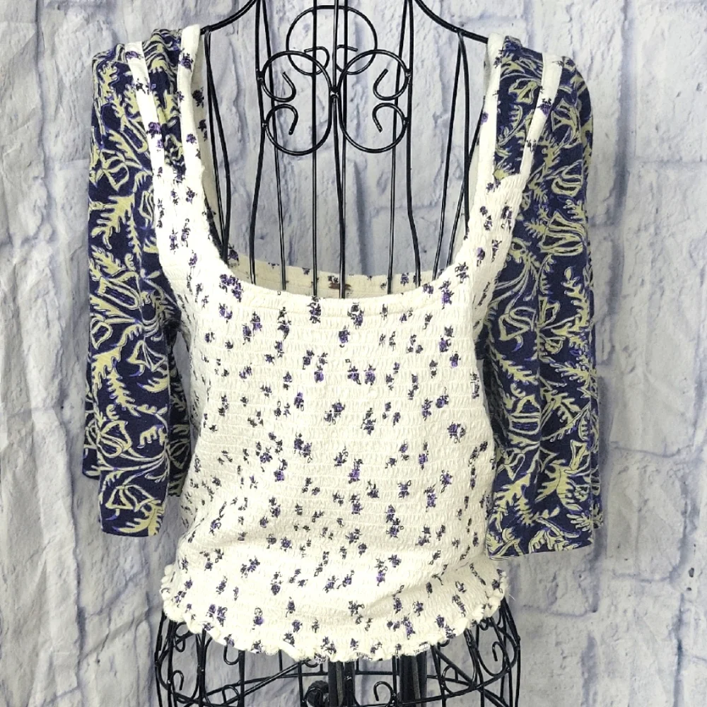 Free People White and‎ Blue Floral Crop Top